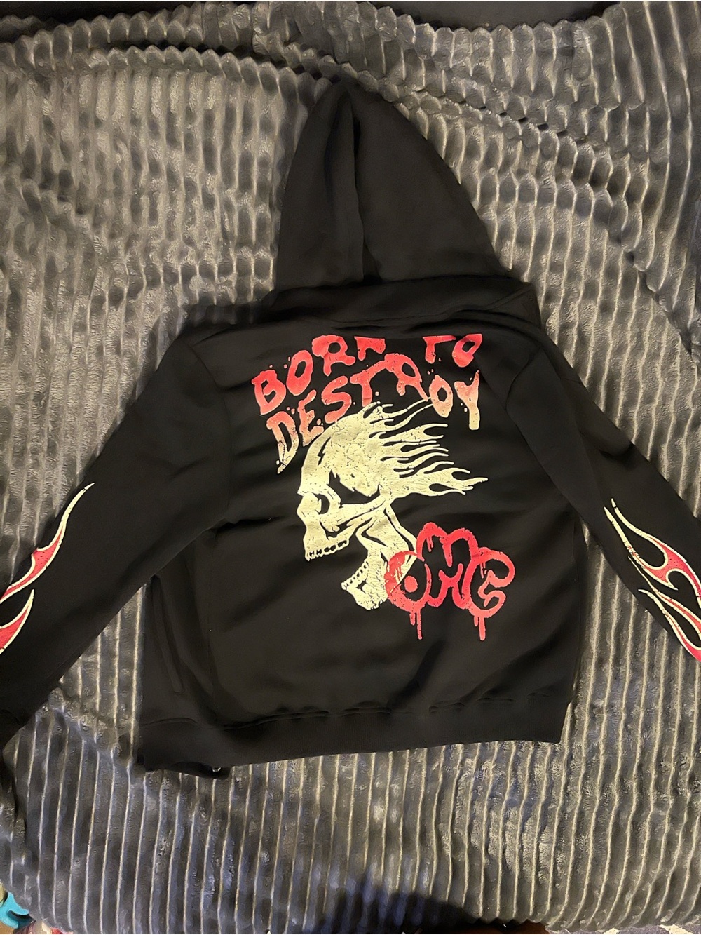 Rebel Minds Black Hoodie Jacket with Red and Cream Skull Graphic